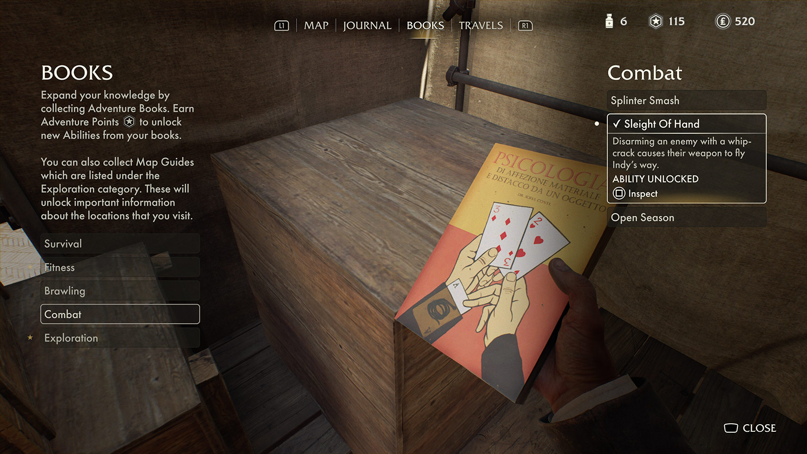 A view of the menu system listing Adventure Books that boost combat skills