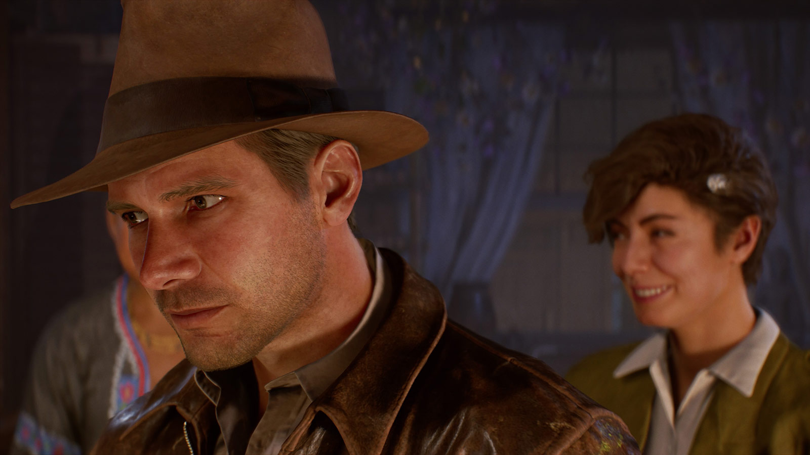 Indiana Jones turns to think, revealing his adventure companion Gina behind him