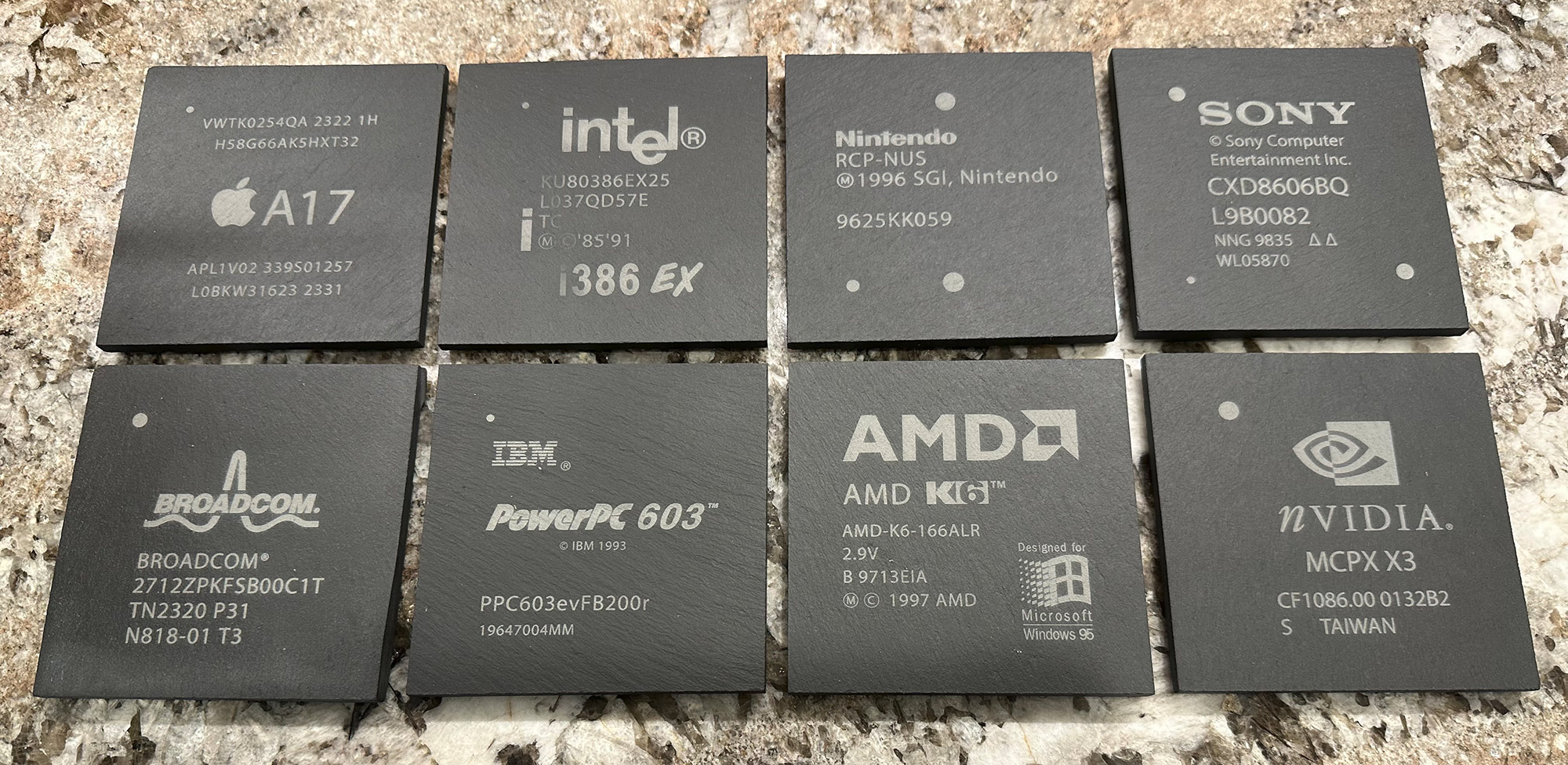 My macrochip designs as slate coasters